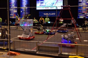 Robotics teams tried to instruct their robots to score as many flying discs into their goals as possible during two-minute and 15-second matches. Matches ended with robots attempting to climb up pyramids located near the middle of the field.